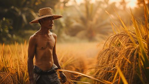 A Rave potrait photo of a thailand farmer ,no deformations ,sharp features ,male anatomy, walking in a field full of rice plants ,detiled ,shot using a sony mirrorless camera , photo real --ar 16:9 --v 6.0