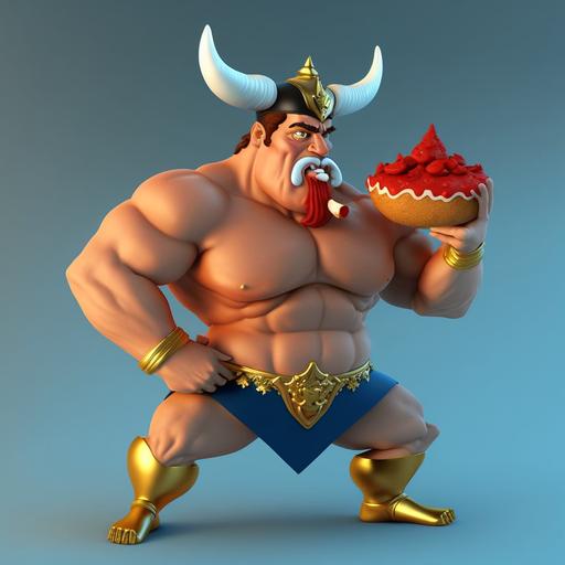 A Red Horn, with Crown and muscles, Eating Croissant, Cartoon, 4k