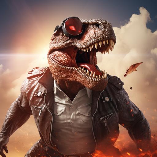 A Red T-Rex wearing Sunglasses, a white shirt and leather jacket, standing in the rolling plains, with an explosion going off behind him, a cool T-Rex, final fantasy, dungeons & dragons, dynamic pose,.dynamic background, depth of field, highly detailed.