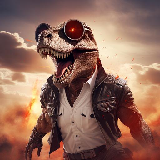 A Red T-Rex wearing Sunglasses, a white shirt and leather jacket, standing in the rolling plains, with an explosion going off behind him, a cool T-Rex, final fantasy, dungeons & dragons, dynamic pose,.dynamic background, depth of field, highly detailed.