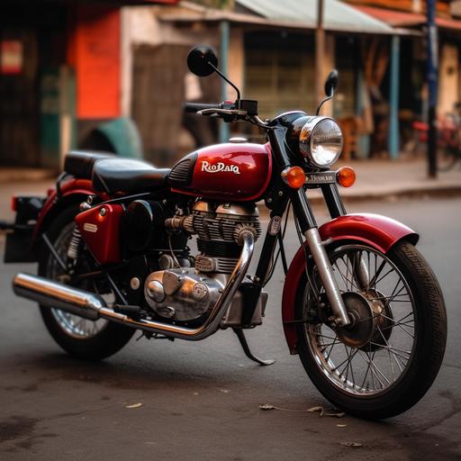 A Red and Black Motorcycle. Royal Enfield, Vehicle, Motorcycle, Parked, Transportation. Use a Canon EOS 1500D camera with a 70mm at F4.0 aperture setting. --style raw --s 750