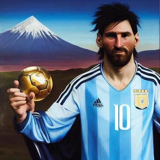 A Renaissance style painting with Lionel Messi, wearing the Argentina national team jersey and holding the FIFA World Cup in his right hand. The background of the painting should be a green landscape with mountains and a blue sky, and sunlight should be shining on Messi's face and FIFA the World Cup. Details of the jersey accurate, including the white stripe on the shirt and the Argentina AFA Logo on the chest. The words 