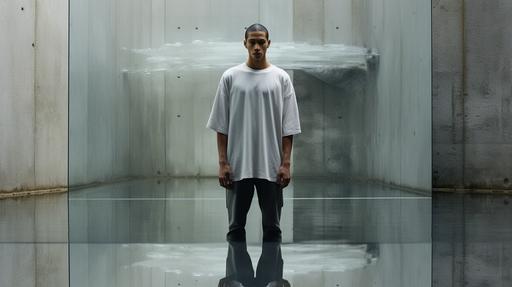 A SSENSE like male model of mixed ethinicity. Model's wearing a light gray oversized t-shirt. Setting: studio lit, concrete structure with water reflection background. --ar 16:9