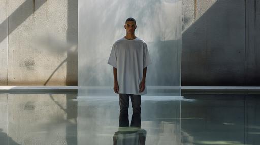 A SSENSE like male model of mixed ethinicity. Model's wearing a light gray oversized t-shirt. Setting: studio lit, concrete structure with water reflection background. --ar 16:9