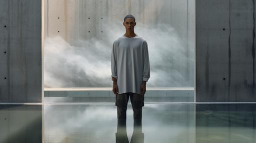 A SSENSE like male model of mixed ethinicity. Model's wearing a light gray oversized t-shirt. Setting: studio lit, concrete structure with water reflection background. --ar 16:9