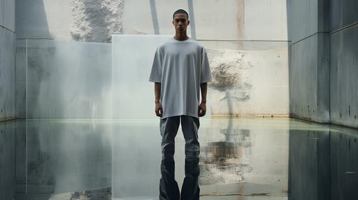 A SSENSE like male model of mixed ethinicity. Model's wearing a light gray oversized t-shirt. Setting: studio lit, concrete structure with water reflection background. --ar 16:9