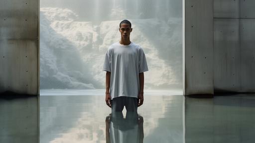 A SSENSE like male model of mixed ethinicity. Model's wearing a light gray oversized t-shirt. Setting: studio lit, concrete structure with water reflection background. --ar 16:9