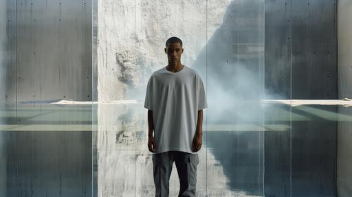 A SSENSE like male model of mixed ethinicity. Model's wearing a light gray oversized t-shirt. Setting: studio lit, concrete structure with water reflection background. --ar 16:9