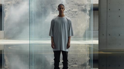 A SSENSE like male model of mixed ethinicity. Model's wearing a light gray oversized t-shirt. Setting: studio lit, concrete structure with water reflection background. --ar 16:9