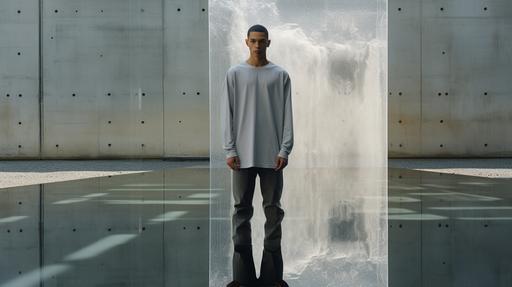 A SSENSE like male model of mixed ethinicity. Model's wearing a light gray oversized t-shirt. Setting: studio lit, concrete structure with water reflection background. --ar 16:9