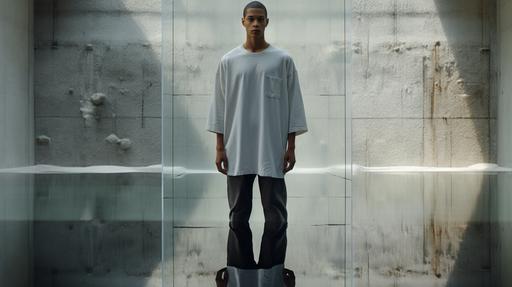 A SSENSE like male model of mixed ethinicity. Model's wearing a light gray oversized t-shirt. Setting: studio lit, concrete structure with water reflection background. --ar 16:9