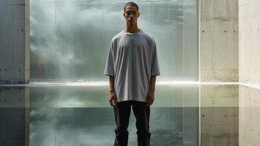 A SSENSE like male model of mixed ethinicity. Model's wearing a light gray oversized t-shirt. Setting: studio lit, concrete structure with water reflection background. --ar 16:9