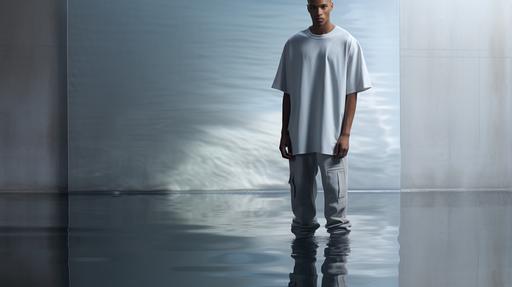 A SSENSE like male model of mixed ethinicity. Model's wearing a light gray oversized t-shirt. Setting: studio lit, concrete structure with water reflection background. --ar 16:9