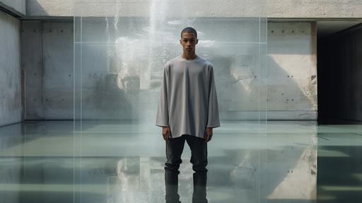 A SSENSE like male model of mixed ethinicity. Model's wearing a light gray oversized t-shirt. Setting: studio lit, concrete structure with water reflection background. --ar 16:9