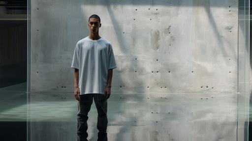 A SSENSE like male model of mixed ethinicity. Model's wearing a light gray oversized t-shirt. Setting: studio lit, concrete structure with water reflection background. --ar 16:9