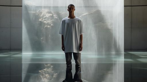 A SSENSE like male model of mixed ethinicity. Model's wearing a light gray oversized t-shirt. Setting: studio lit, concrete structure with water reflection background. --ar 16:9