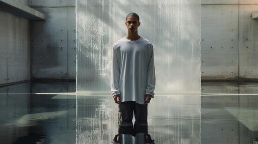 A SSENSE like male model of mixed ethinicity. Model's wearing a light gray oversized t-shirt. Setting: studio lit, concrete structure with water reflection background. --ar 16:9