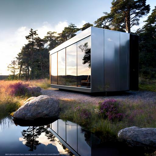 A SUPER HD QUALITY PHOTO, architect DESIGNED modern shiny SILVER ALUMINIUM mirrored studio container shaped cabin in a stunning natural and super realistic FIELD setting with breathtaking views IN SUMMER , rocks, boulders, heather, plants, long grass and trees surround the cabin, Nordic scenery, different shades, textures and directions of panels that the facade is made from, very modern architectural design, the container has dimensions of METRES LONG AND 3.5 METRES WIDE, SINGLE STOREY, ONE FLOOR NO SECOND FLOOR, MUST BE VERY luxurious AND HIGH QUALITY IN DESIGN, ULTRA modern, UI, UX, V4, TEXTURE, SHADOWS, LIGHTING, STYLE, ULTRA-DETAILED, PHOTO REALISTIC, PHOTO REALISM, up beta, photo real, detailed, very precise, HIGH IMAGE QUALITY, epic, DETAILED rendering, advertising quality photo, Editorial Photography, Photography, Photoshoot, Ultra-Wide Angle, Depth of Field, DOF, Gamma, White Balance, Neon, Light, Dark, Light Mode, Dark Mode, High Contrast, 5D, Multiverse, 32k, Super-Resolution, Megapixel, ProPhoto RGB, VR, Lonely, Good, Massive, Big, Spotlight, Front-light, Half-rear Lighting, Backlight, Rim Lights, Rim Lighting, Artificial Lighting, Natural Lighting, Incandescent, Optical Fiber, Moody Lighting, magazine quality image, Studio Lighting, Soft Lighting, Hard Lighting, volumetric Light, Volumetric Lighting, Volumetric, Contre-Jour, Split Lighting, Beautiful Lighting, Accent Lighting, Global Illumination, Lumen Global Illumination, Screen Space Global Illumination, Ray Tracing Global Illumination, Optics, Materiality, Ambient Occlusion, Scattering, Glowing, Shadows, Rough, Shimmering, Ray Tracing Reflections, Lumen Reflections, Screen Space Reflections, 5G, totally realistic photo, highest quality