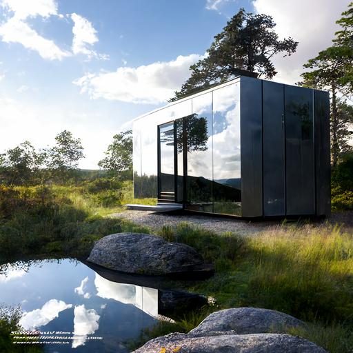 A SUPER HD QUALITY PHOTO, architect DESIGNED modern shiny SILVER ALUMINIUM mirrored studio container shaped cabin in a stunning natural and super realistic FIELD setting with breathtaking views IN SUMMER , rocks, boulders, heather, plants, long grass and trees surround the cabin, Nordic scenery, different shades, textures and directions of panels that the facade is made from, very modern architectural design, the container has dimensions of METRES LONG AND 3.5 METRES WIDE, SINGLE STOREY, ONE FLOOR NO SECOND FLOOR, MUST BE VERY luxurious AND HIGH QUALITY IN DESIGN, ULTRA modern, UI, UX, V4, TEXTURE, SHADOWS, LIGHTING, STYLE, ULTRA-DETAILED, PHOTO REALISTIC, PHOTO REALISM, up beta, photo real, detailed, very precise, HIGH IMAGE QUALITY, epic, DETAILED rendering, advertising quality photo, Editorial Photography, Photography, Photoshoot, Ultra-Wide Angle, Depth of Field, DOF, Gamma, White Balance, Neon, Light, Dark, Light Mode, Dark Mode, High Contrast, 5D, Multiverse, 32k, Super-Resolution, Megapixel, ProPhoto RGB, VR, Lonely, Good, Massive, Big, Spotlight, Front-light, Half-rear Lighting, Backlight, Rim Lights, Rim Lighting, Artificial Lighting, Natural Lighting, Incandescent, Optical Fiber, Moody Lighting, magazine quality image, Studio Lighting, Soft Lighting, Hard Lighting, volumetric Light, Volumetric Lighting, Volumetric, Contre-Jour, Split Lighting, Beautiful Lighting, Accent Lighting, Global Illumination, Lumen Global Illumination, Screen Space Global Illumination, Ray Tracing Global Illumination, Optics, Materiality, Ambient Occlusion, Scattering, Glowing, Shadows, Rough, Shimmering, Ray Tracing Reflections, Lumen Reflections, Screen Space Reflections, 5G, totally realistic photo, highest quality