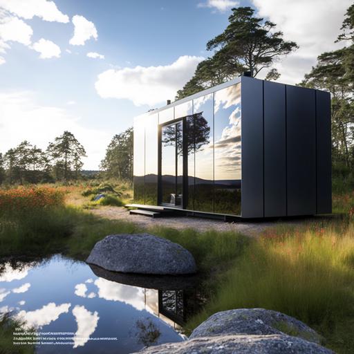 A SUPER HD QUALITY PHOTO, architect DESIGNED modern shiny SILVER ALUMINIUM mirrored studio container shaped cabin in a stunning natural and super realistic FIELD setting with breathtaking views IN SUMMER , rocks, boulders, heather, plants, long grass and trees surround the cabin, Nordic scenery, different shades, textures and directions of panels that the facade is made from, very modern architectural design, the container has dimensions of METRES LONG AND 3.5 METRES WIDE, SINGLE STOREY, ONE FLOOR NO SECOND FLOOR, MUST BE VERY luxurious AND HIGH QUALITY IN DESIGN, ULTRA modern, UI, UX, V4, TEXTURE, SHADOWS, LIGHTING, STYLE, ULTRA-DETAILED, PHOTO REALISTIC, PHOTO REALISM, up beta, photo real, detailed, very precise, HIGH IMAGE QUALITY, epic, DETAILED rendering, advertising quality photo, Editorial Photography, Photography, Photoshoot, Ultra-Wide Angle, Depth of Field, DOF, Gamma, White Balance, Neon, Light, Dark, Light Mode, Dark Mode, High Contrast, 5D, Multiverse, 32k, Super-Resolution, Megapixel, ProPhoto RGB, VR, Lonely, Good, Massive, Big, Spotlight, Front-light, Half-rear Lighting, Backlight, Rim Lights, Rim Lighting, Artificial Lighting, Natural Lighting, Incandescent, Optical Fiber, Moody Lighting, magazine quality image, Studio Lighting, Soft Lighting, Hard Lighting, volumetric Light, Volumetric Lighting, Volumetric, Contre-Jour, Split Lighting, Beautiful Lighting, Accent Lighting, Global Illumination, Lumen Global Illumination, Screen Space Global Illumination, Ray Tracing Global Illumination, Optics, Materiality, Ambient Occlusion, Scattering, Glowing, Shadows, Rough, Shimmering, Ray Tracing Reflections, Lumen Reflections, Screen Space Reflections, 5G, totally realistic photo, highest quality