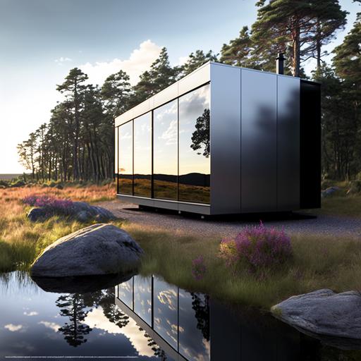 A SUPER HD QUALITY PHOTO, architect DESIGNED modern shiny SILVER ALUMINIUM mirrored studio container shaped cabin in a stunning natural and super realistic FIELD setting with breathtaking views IN SUMMER , rocks, boulders, heather, plants, long grass and trees surround the cabin, Nordic scenery, different shades, textures and directions of panels that the facade is made from, very modern architectural design, the container has dimensions of METRES LONG AND 3.5 METRES WIDE, SINGLE STOREY, ONE FLOOR NO SECOND FLOOR, MUST BE VERY luxurious AND HIGH QUALITY IN DESIGN, ULTRA modern, UI, UX, V4, TEXTURE, SHADOWS, LIGHTING, STYLE, ULTRA-DETAILED, PHOTO REALISTIC, PHOTO REALISM, up beta, photo real, detailed, very precise, HIGH IMAGE QUALITY, epic, DETAILED rendering, advertising quality photo, Editorial Photography, Photography, Photoshoot, Ultra-Wide Angle, Depth of Field, DOF, Gamma, White Balance, Neon, Light, Dark, Light Mode, Dark Mode, High Contrast, 5D, Multiverse, 32k, Super-Resolution, Megapixel, ProPhoto RGB, VR, Lonely, Good, Massive, Big, Spotlight, Front-light, Half-rear Lighting, Backlight, Rim Lights, Rim Lighting, Artificial Lighting, Natural Lighting, Incandescent, Optical Fiber, Moody Lighting, magazine quality image, Studio Lighting, Soft Lighting, Hard Lighting, volumetric Light, Volumetric Lighting, Volumetric, Contre-Jour, Split Lighting, Beautiful Lighting, Accent Lighting, Global Illumination, Lumen Global Illumination, Screen Space Global Illumination, Ray Tracing Global Illumination, Optics, Materiality, Ambient Occlusion, Scattering, Glowing, Shadows, Rough, Shimmering, Ray Tracing Reflections, Lumen Reflections, Screen Space Reflections, 5G, totally realistic photo, highest quality