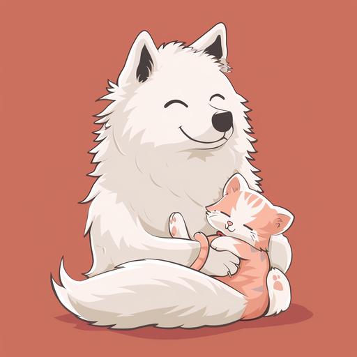 A Samoyed dog cuddles with a cute kitten in a cartoon flat style, cute and likable, with a solid color background,8k
