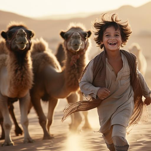 A Saudi child runs over the sand dunes holding a falcon, and behind him is a group of camels running behind him. He appears happy and smiling, and appears fully dressed in Saudi uniform.--v5.2