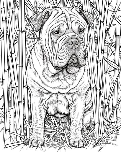 A Shar Pei in a bamboo forest, coloring page for adults, thick lines, black and white, greyscale --ar 4:5 --v 6.0