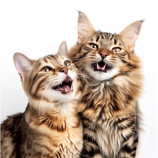A Siberian cat and a Bengal cat hanging out together with no background. They are both smiling and having a great time. The Siberian cat is a female and fluffy. The Bengal cat is male and energetic. There is a happy energy to the picture as both cats bond and play together. --v 6.0