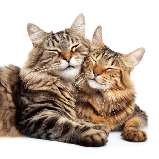 A Siberian cat and a Bengal cat hanging out together with no background. They are both smiling and having a great time. The Siberian cat is a female and fluffy. The Bengal cat is male and energetic. There is a happy energy to the picture as both cats bond and play together. --v 6.0