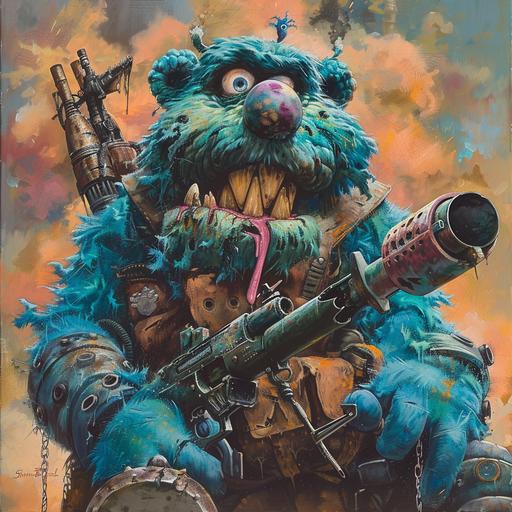 A Simon Bisley painting of a muppet like alien with a turquoise hue, huge and built like a bear, with a octogon shaped nose and big lips. Piercing blue eyes. Wearing a bulletproof vest holding a bazooka ontop of a tank