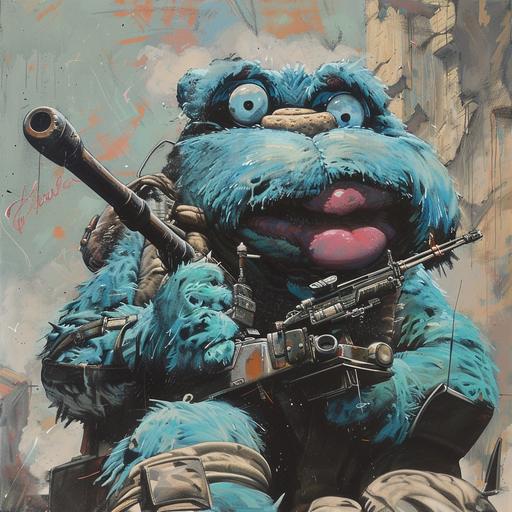 A Simon Bisley painting of a muppet like alien with a turquoise hue, huge and built like a bear, with a octogon shaped nose and big lips. Piercing blue eyes. Wearing a bulletproof vest holding a bazooka ontop of a tank --v 6.0