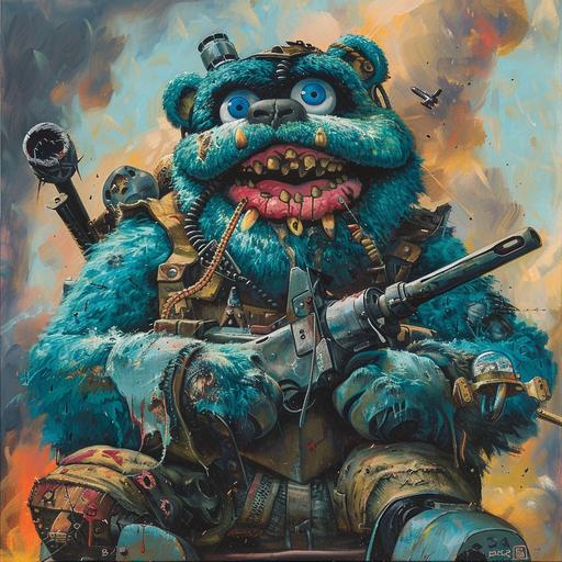 A Simon Bisley painting of a muppet like alien with a turquoise hue, huge and built like a bear, with a octogon shaped nose and big lips. Piercing blue eyes. Wearing a bulletproof vest holding a bazooka ontop of a tank