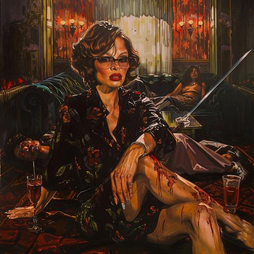 A Simon Bisley painting of short old puerto rican lady with brown hair and big glasses and dark red lipstick, holding a futuristic sword while sitting in a swanky retro hotel with bodies on the floor