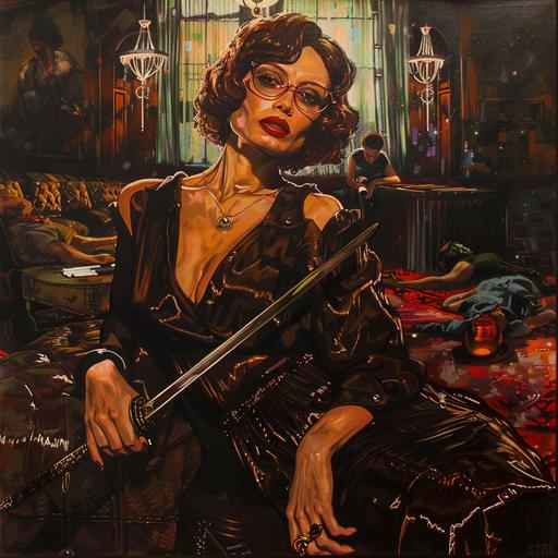 A Simon Bisley painting of short old puerto rican lady with brown hair and big glasses and dark red lipstick, holding a futuristic sword while sitting in a swanky retro hotel with bodies on the floor