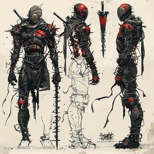 A Simon Bisley style black and red hued mercenary robot with a spiked chest, hands wrapped in barbed wire and a head wrapped in bandages holding a lazer sword. full body, model sheet turnaround, full color, 4 view, side view and back view