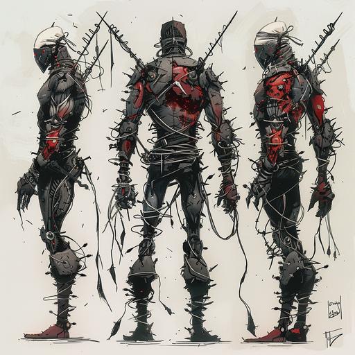 A Simon Bisley style black and red hued mercenary robot with a spiked chest, hands wrapped in barbed wire and a head wrapped in bandages holding a lazer sword. full body, model sheet turnaround, full color, 4 view, side view and back view