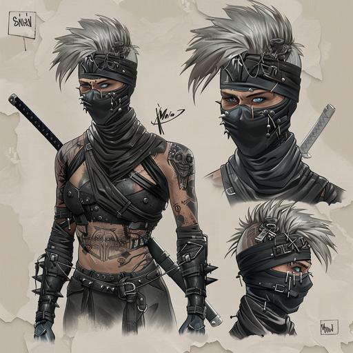A Simon Bisley style female mercenary wearing spiked black ninja like armor. Head fully wrapped in bandage, with grey hair and piercing blue eyes peaking out, tattooed all over neck holding a lazer sword. full body, model sheet turnaround, full color, 4 view, side view and back view