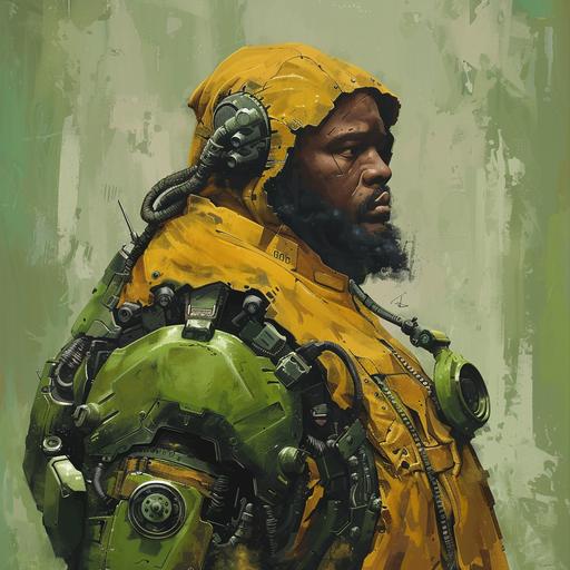 A Simon Bisley style painting of a Black man. Half Human, half robot. Cornrose like hair. Chubby and built like a walrus. Wearing a durag and hoodie with green mechical body armor.