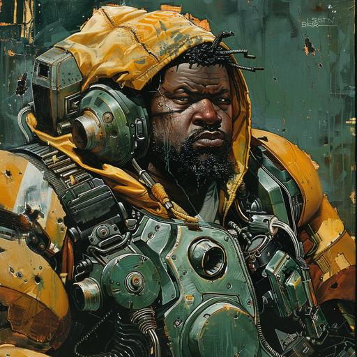 A Simon Bisley style painting of a Black man. Half Human, half robot. Cornrose like hair. Chubby and built like a walrus. Wearing a durag and hoodie with green mechical body armor.