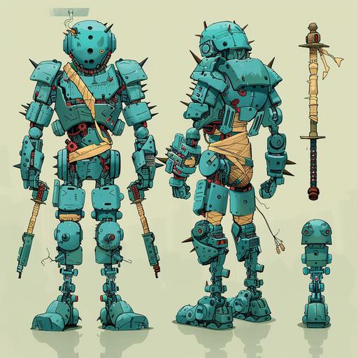 A Simon Bisley style turquoise hued mercenary robot with a spiked chest, and a head wrapped in bandages holding a lazer sword. full body, model sheet turnaround, full color, 4 view, side view and back view