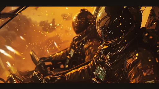 A Sparth digital painting of two fighter pilots wearing futurestic black and gold spacesuits. They are seated in tandom in futuristic space seats. Chaos. Flames. Explosions --ar 16:9 --v 6.0