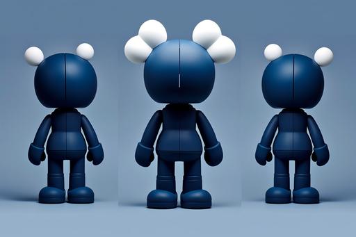 A Spinning Toy design in KAWS character figurine toy style, a big simple Spinning Toy head, front angle, side profile angle and back angle, navy blue and white colour scheme, 3d, minimalist, simple colour, design reference sheet --ar 3:2 --v 5.1