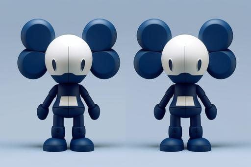 A Spinning Toy design in in KAWS character figurine toy style, a big mathematic symbol head, front angle, side profile angle and back angle, navy blue and white colour scheme, 3d, minimalist, simple colour, design reference sheet --ar 3:2 --v 5.1