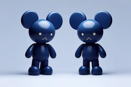 A Spinning Toy design in in KAWS character figurine toy style, a big simple Spinning Toy head, front angle, side profile angle and back angle, navy blue and white colour scheme, 3d, minimalist, simple colour, design reference sheet --ar 3:2 --v 5.1