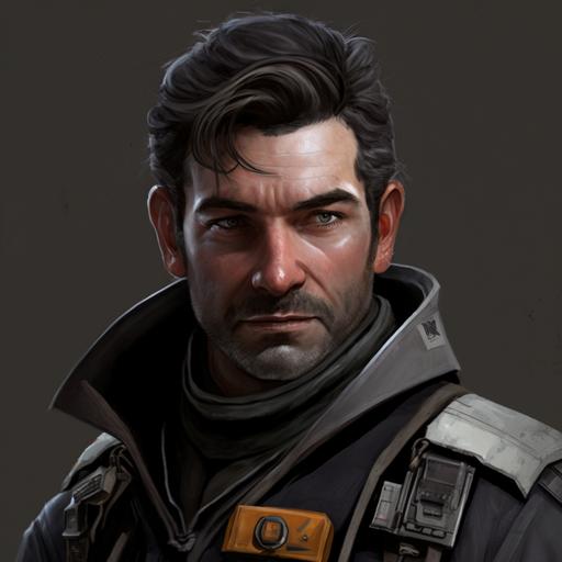 A Star Wars Swoop Gang Member, wearing a dark-grey flightsuit, with a black leather kutte over the top. He has a utility belt and black boots. He is white and in his mid thirties, with a handsome, rogue appearance. This is a character portrait. Close up.