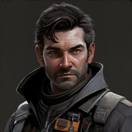 A Star Wars Swoop Gang Member, wearing a dark-grey flightsuit, with a black leather kutte over the top. He has a utility belt and black boots. He is white and in his mid thirties, with a handsome, rogue appearance. This is a character portrait. Close up.