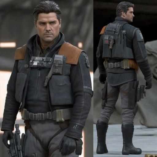 A Star Wars Swoop Gang Member, wearing a dark-grey flightsuit, with a black leather kutte over the top. He has a utility belt and black boots. He is white and in his mid thirties, with a handsome, rogue appearance. He looks similar to Jaime Lannister. Star Wars, Star Wars Underworld, The Mandalorian, Nar Shaddaa, Biker Gang, Outlaw, The Mandalorian. This is a character portrait. Close up.