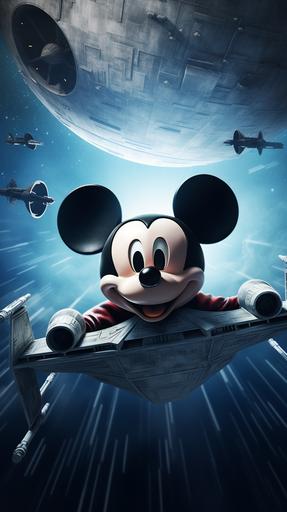 A Star Wars x-wing fighter flying toward a Death Star shaped like Mickey Mouse's head. --ar 9:16