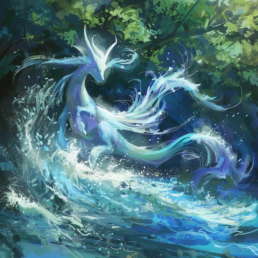 A Suicune running on water. Anime painted style.